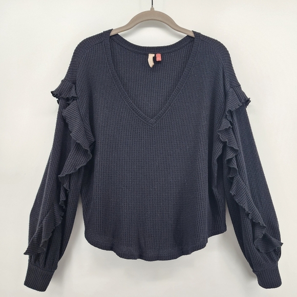 Pilcro Anthropologie Black Ruffle V-Neck Top Small - Picture 2 of 11